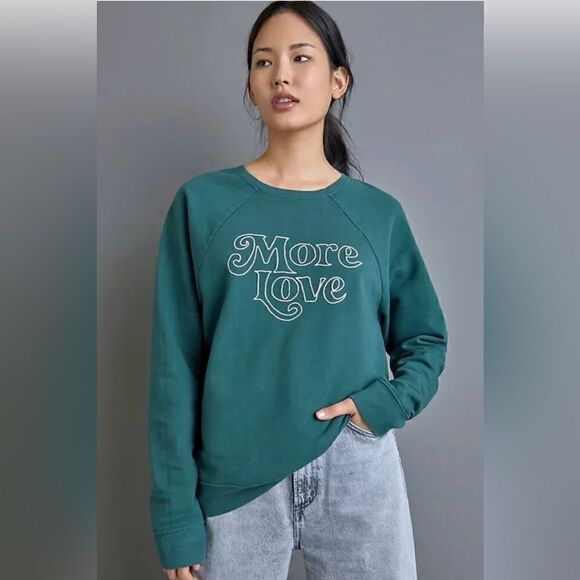 ANTHROPOLOGIE Back When Green Crewneck Pullover Sweatshirt More Love - Picture 1 of 6